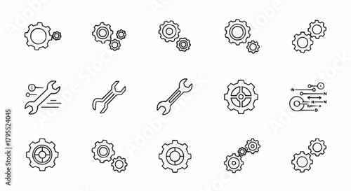 Illustration of various mechanical and engineering elements including gears and wrenches arranged nicely