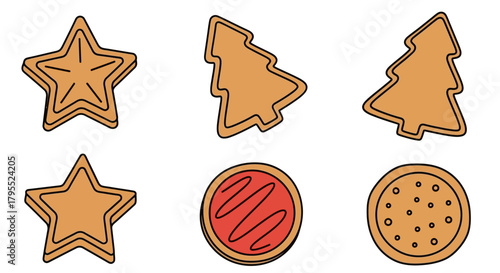 Christmas and holiday gingerbread cookies in star, tree and round shapes with icing and sprinkles