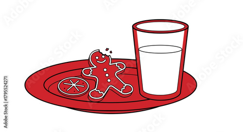 Gingerbread man cookie with bite taken out, and a glass of milk on a red plate