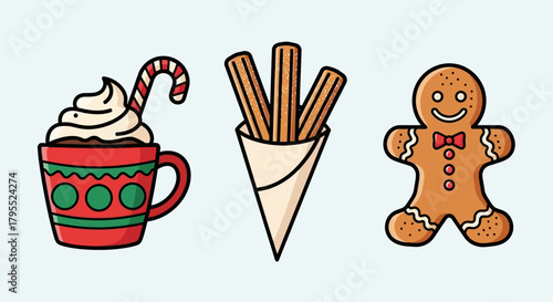 Christmas treats: hot chocolate with candy cane, churros, and gingerbread man. festive holiday food.