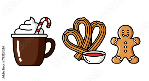 Churros, hot chocolate with candy cane, and gingerbread man icons illustration isolated on white background.