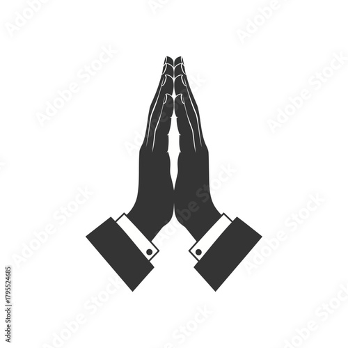 A black and white illustration of two hands clasped together in prayer