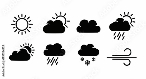 Illustration showing various weather conditions including sun clouds rain snow and wind symbols