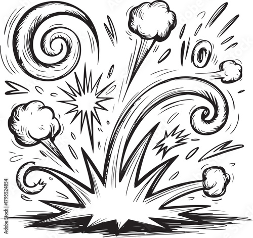Set of cartoon-style action effects featuring explosive bursts, fast-motion streaks, impact shapes, and smoke puffs. Includes hand-drawn dynamic lines, blast outlines, and energetic motion icons in a 