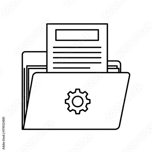 Document folder with gear icon, representing document management, settings, and data organization