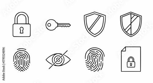 Illustration of security icons including a padlock, key, shields, fingerprints, eye, and a document