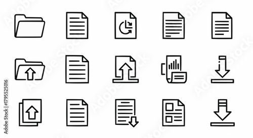 Collection of outline icons representing files folders and data transfer symbols in a simple line art style