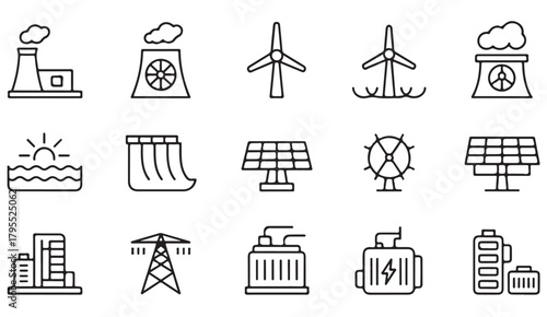 Outline vector icons showing solar panels, wind turbines, and industrial power plants