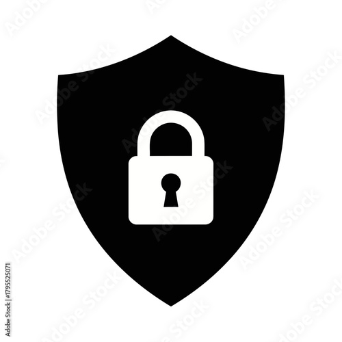 Black shield with a white padlock icon symbolizing security, protection, and privacy, isolated on a