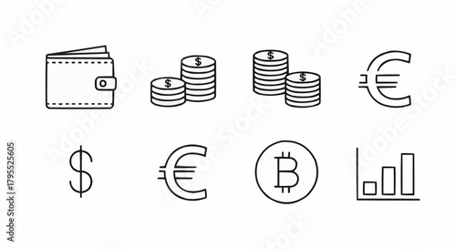 Illustration depicting wallet, stacks of dollar coins, euro symbol, bitcoin and bar graph icon