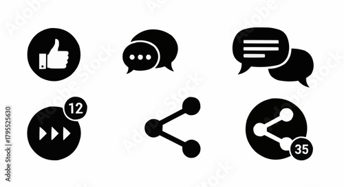 Illustration of social media icons including like comment share and notification symbols in black