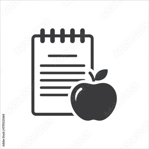 A black icon of a notepad with lines and an apple