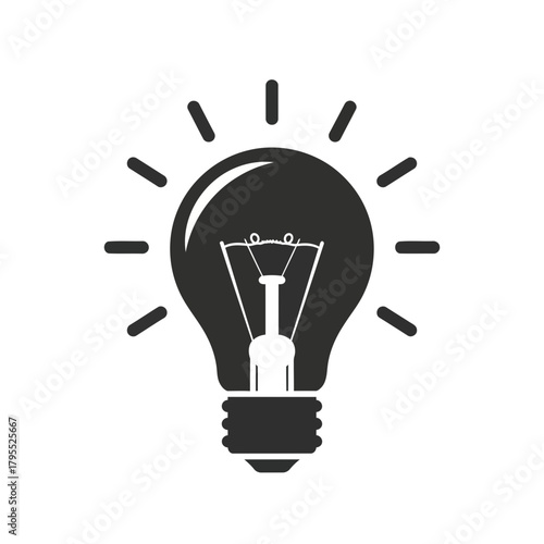 A black and white illustration of a light bulb with radiating lines, symbolizing an idea or inspiration