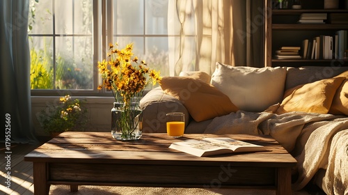 Sunlit living room with wooden coffee table and yellow flowers by window wooden table photo