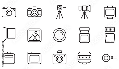 Collection of digital imaging and photo equipment icons in simple line art style