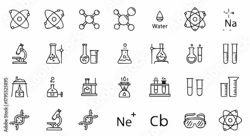 Illustration of various science and chemistry laboratory equipment and molecular structures in black outline