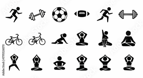 Collection of sport and fitness icons featuring running, weights, yoga, and ball games symbols set out