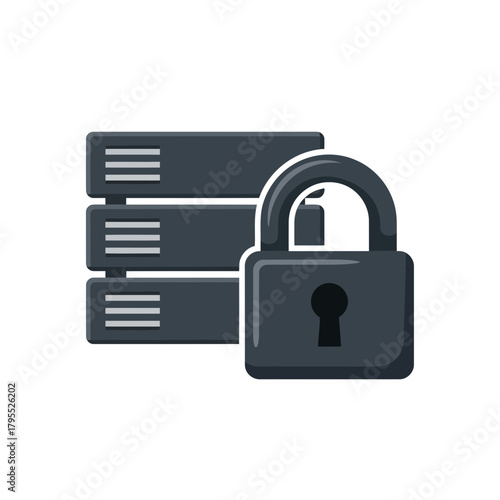 Stack of servers with a padlock in front, symbolizing data security and protection