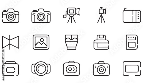 Outline vector icons of cameras, lenses, tripods, and imaging accessories