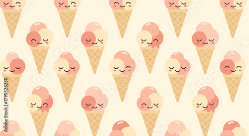 Repeating pattern of cartoon ice cream cones with smiling faces, each with two scoops of peach and cream colored ice cream