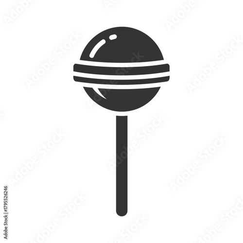 A black silhouette icon of a round lollipop on a stick, representing candy and sweets, isolated on a