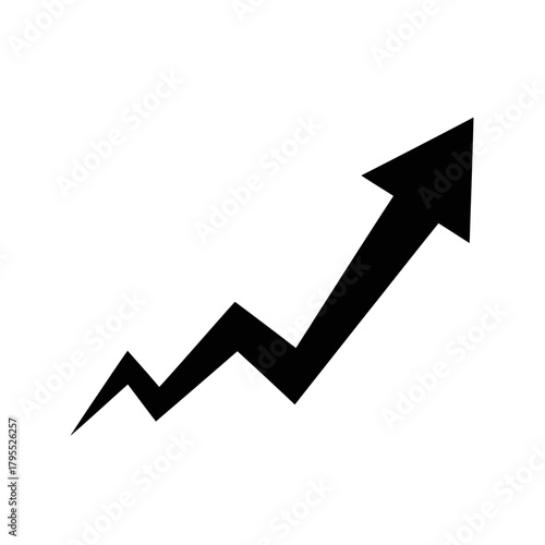A black upward trending arrow with jagged lines on a, representing growth and progress
