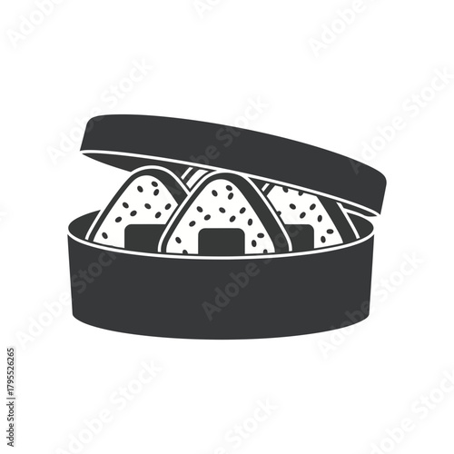 A black and white illustration of japanese onigiri rice balls in a round container