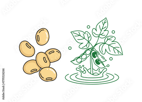 Soybeans symbol. Nature's vegetable nourishment. Soybean seeds for nutritious soy milk. Soya bean plant for food apps online. Editable stroke outline style. Vector design on a white background.