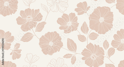 Delicate, repeating floral pattern. Soft shades of pink, beige, and white create a tranquil, flowing design of stylized flowers and leaves