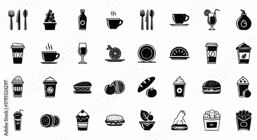 Illustration of various food and drink icons including coffee burger and fruit arranged in a grid pattern