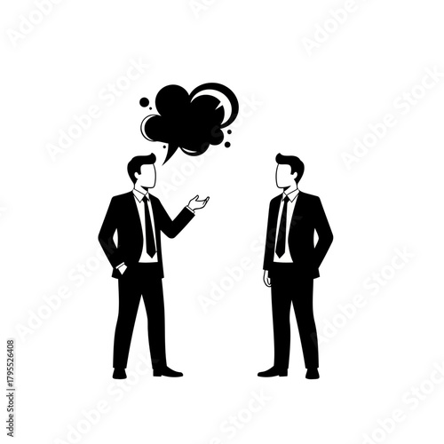 Two businessmen in suits talking with a black thought bubble above them