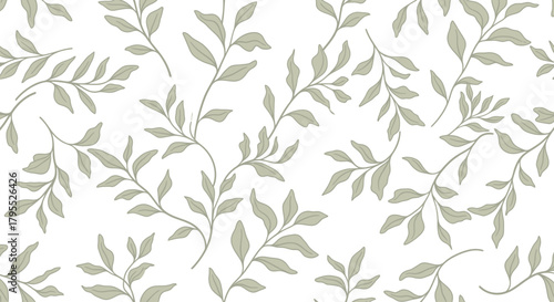 Delicate botanical illustration";" olive-green leafy vines cascade on white background creating a seamless, repeating pattern