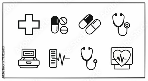 A collection of medical icons including a cross, pills, stethoscopes, and a heart monitor display