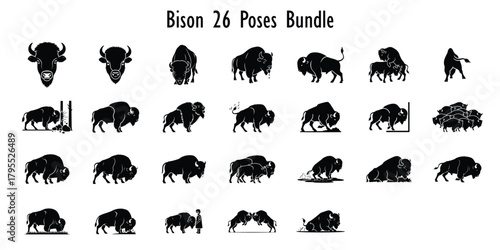 American Bison Buffalo Silhouette Icon Set: Vector Collection of Wildlife Mammals in Various Poses, Charging, Running, Head, and Herd Design Elements.