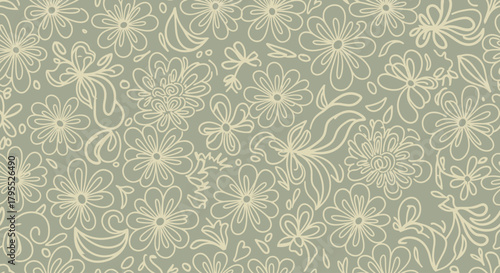 A repeating pattern featuring sketched flowers, leaves, and swirls in a cream color on a pale green background
