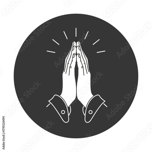 Praying hands icon with light rays emanating from the top, symbolizing hope, gratitude, and spirituality