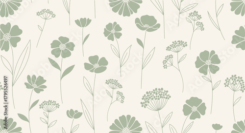 A soft, creamy backdrop displays a repeating pattern of stylized sage-green floral elements, creating a delicate, nature-inspired design