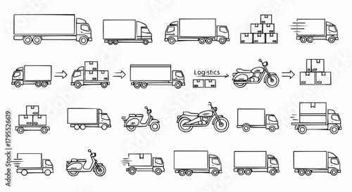 Illustration of various delivery vehicles including trucks and motorcycles with packages and logistics flow 1
