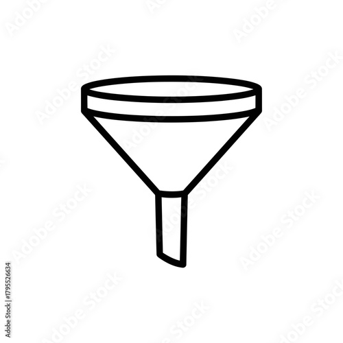 Simple black line drawing of a funnel, a laboratory or kitchen tool used for pouring liquids or finegrained substances into containers with a small opening