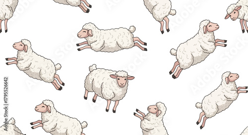 Cartoon sheep leap and float against a white backdrop, creating a whimsical pattern