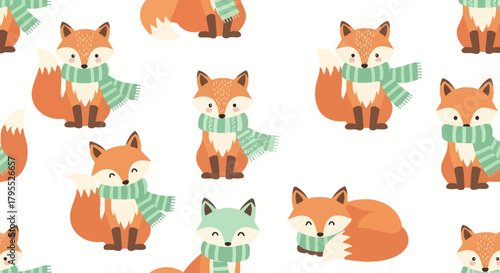 Cute illustration showing a repeating pattern of cartoon foxes wearing green scarves on a white background