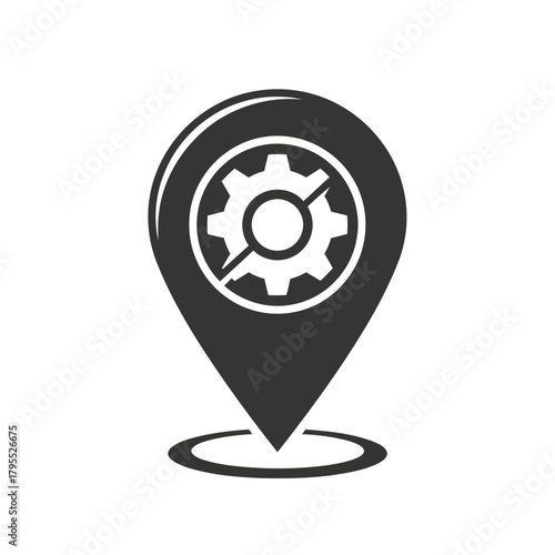 Black and white icon representing a location pin merged with a gear symbol, suggesting a service point, repair shop, or industrial location