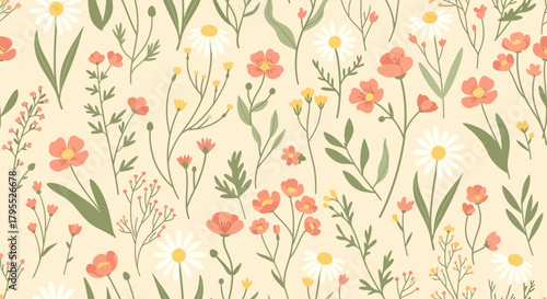 A delightful pattern features an array of stylized wildflowers daisies, poppies, and delicate sprigs on a warm cream background