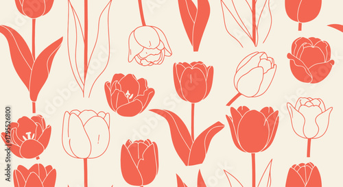 A repeating pattern featuring coral-colored tulips with outlined details on a cream background, offering a spring vibe