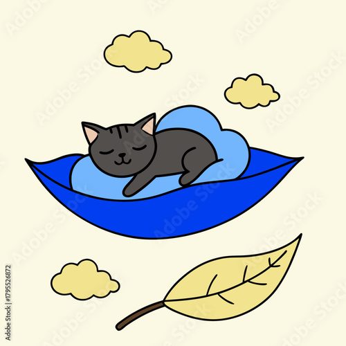 Cute gray cat sleeping peacefully on a blue leaf with clouds above