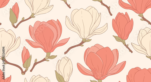 Repeating pattern featuring stylized magnolia blooms in coral and cream hues against a pale background