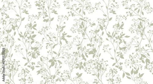 Delicate floral pattern featuring intertwining stems with tiny flower clusters and leaves in soft green and beige hues against a white backdrop