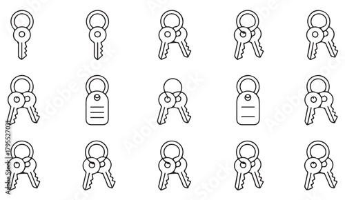 Thin-line icon pack of keychains, door keys, and property access tools