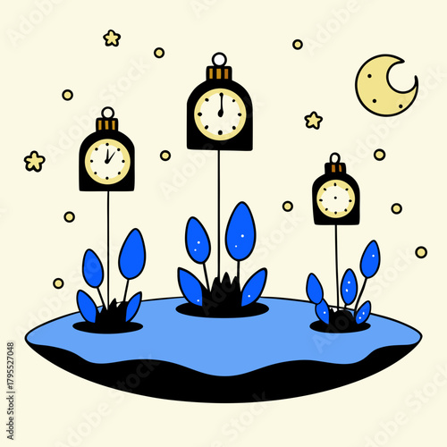 Whimsical night scene with three alarm clocks and blue plants under a crescent moon