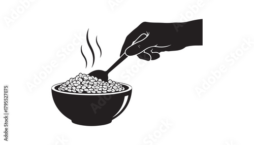 Steps for creating homemade cereal and oatmeal. Instructions for preparing instant porridge. A silhouette cooking diagram for packaging. Boiling or brewing flakes with salt and toppings. Flat vector